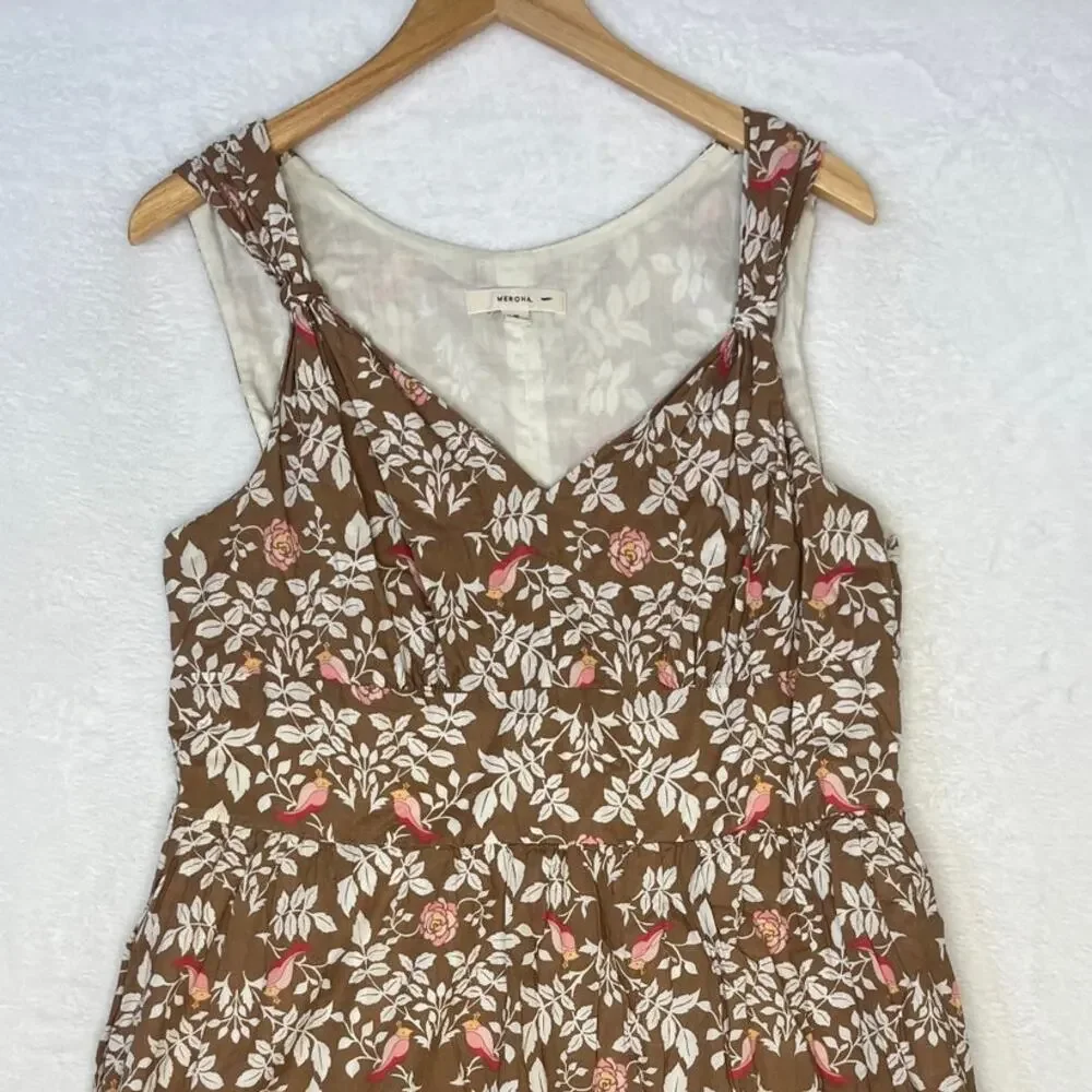 VTG Merona Brown Floral Birds Midi Whimsy Twee Cottage Cotton Dress sz 16 Party - Picture 2 of 10